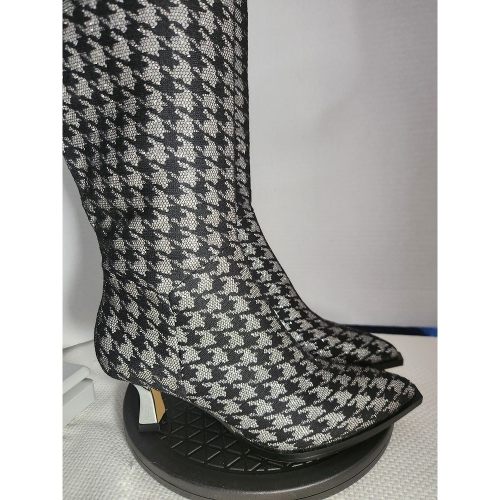 Betsey Johnson Womens 6 Pamella Boots Knee High Heel Black Silver Houndstooth - Picture 2 of 11